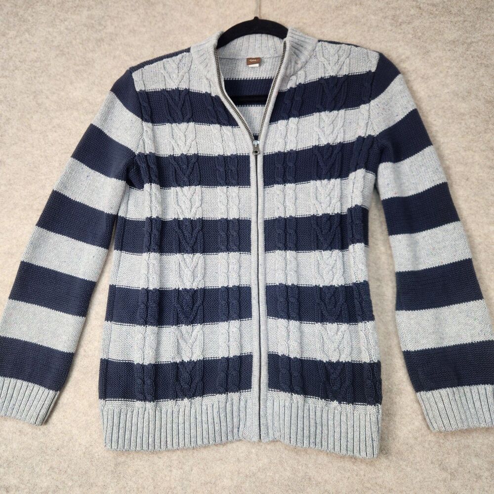 Tea Boys Full Zip Strip Navy & Gray sweater Size 12-14  Preppy Retro Casual